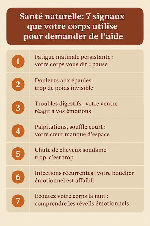 Infographie listant 7 signaux que le corps envoie pour demander de l’aide : fatigue matinale persistante, douleurs aux épaules, troubles digestifs, palpitations et souffle court, chute de cheveux soudaine, infections récurrentes, et réveils nocturnes. Chaque symptôme est lié à un déséquilibre émotionnel ou à un excès de stress.