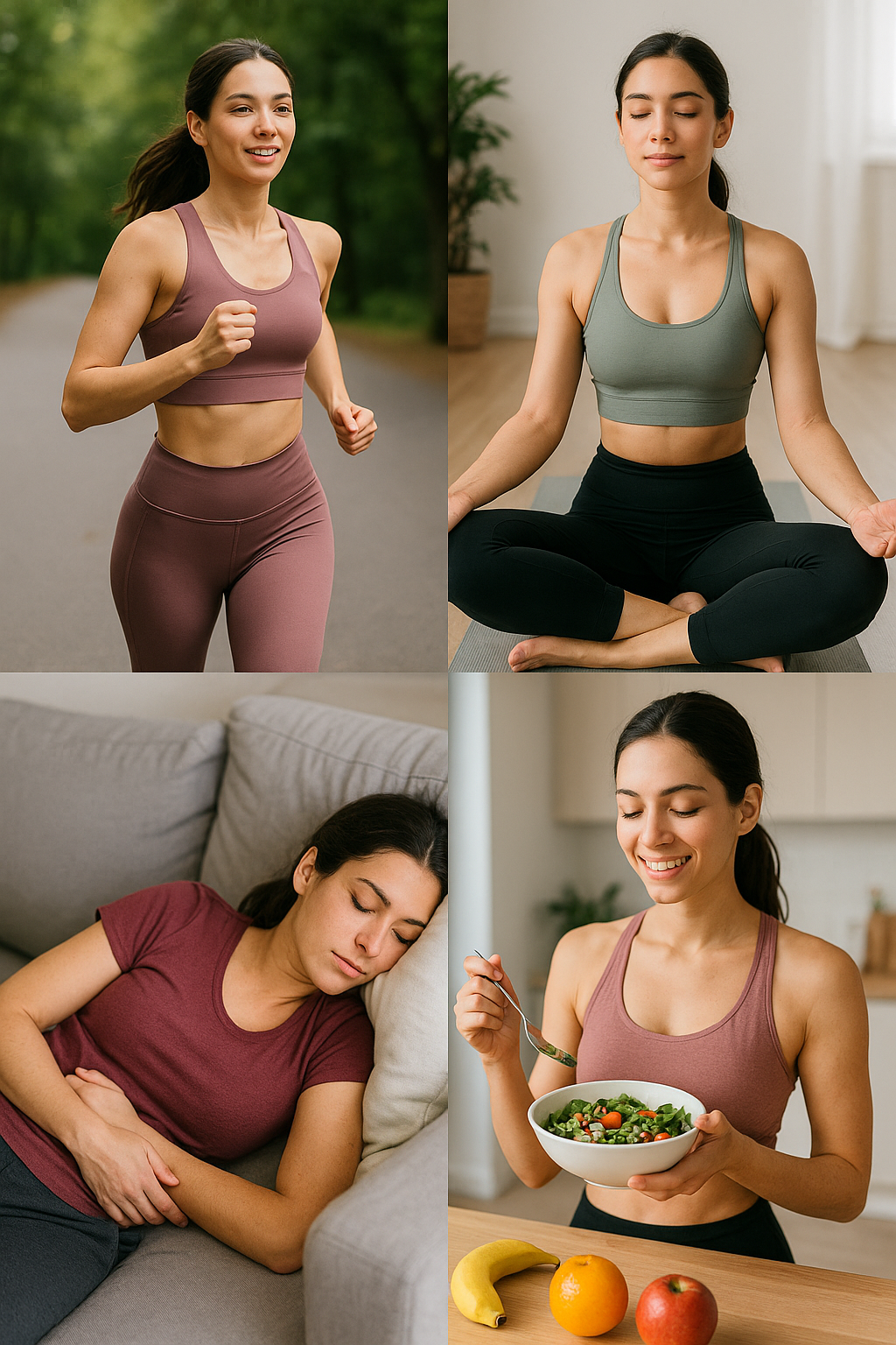 Collage de quatre photos montrant une femme pendant les différentes phases du cycle menstruel : course à pied, yoga, repos sur un canapé et repas sain, illustrant l’adaptation de l’alimentation et de l’activité physique selon le cycle féminin.