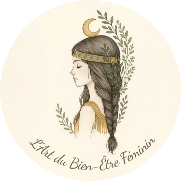 Logo bien-être féminin avec illustration naturelle et texte « L'Art du Bien-Être Féminin ».