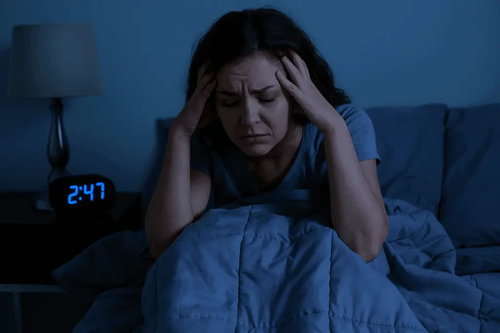 Femme assise dans son lit en pleine nuit, les mains sur la tête, manifestant de l’insomnie ou un mal-être mental.