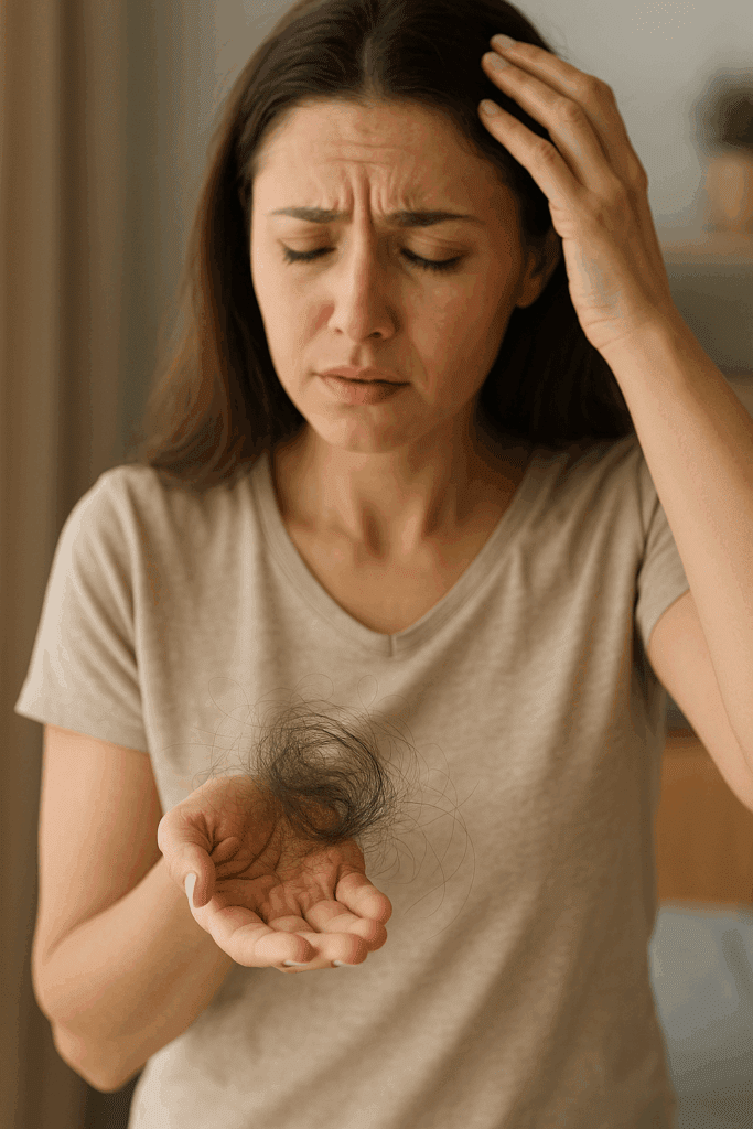 Femme inquiète observant une poignée de cheveux tombés dans sa main, signe visible de chute capillaire.