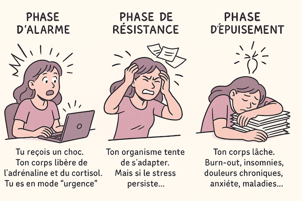 Illustration des trois phases du stress : alarme, résistance et épuisement, avec personnages féminins exprimant tension, surcharge et fatigue.