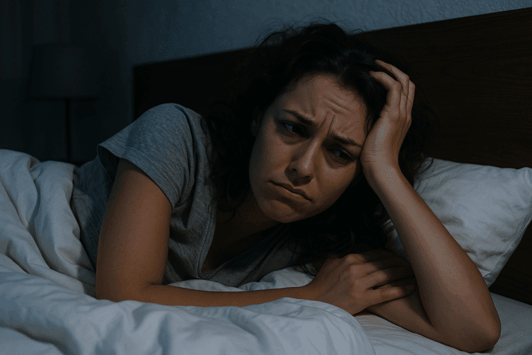 Femme souffrant de troubles du sommeil la nuit, illustrant les bienfaits potentiels de la réflexologie pour améliorer le sommeil naturellement.