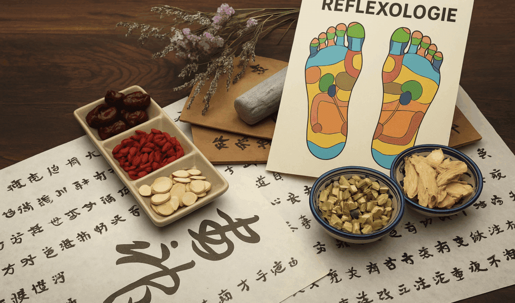 Illustration de réflexologie plantaire posée sur une table avec herbes médicinales chinoises, racines, baies et calligraphie, dans un contexte de soin naturel et énergétique