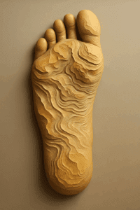 Illustration réaliste en relief de la voûte plantaire, représentant le pied comme une carte vivante en réflexologie plantaire