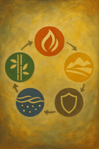 Illustration artistique des 5 éléments en médecine chinoise – Bois, Feu, Terre, Métal, Eau – présentés en cercle dans des tons chauds et texturés, liés à la réflexologie plantaire
