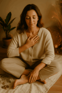Femme assise en tailleur les yeux fermés, une main sur le cœur et l’autre sur le pied, dans un moment de recentrage et de reconnexion intérieure lié à la réflexologie plantaire