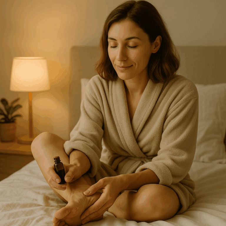 Une femme en peignoir assise sur son lit, massant doucement son pied avec de l’huile essentielle – parfaite pour illustrer un rituel d’auto-réflexologie du soir.
