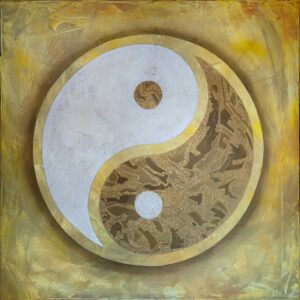 Symbole Yin-Yang artistique en or et blanc, représentant l’équilibre énergétique selon la médecine chinoise et la réflexologie plantaire